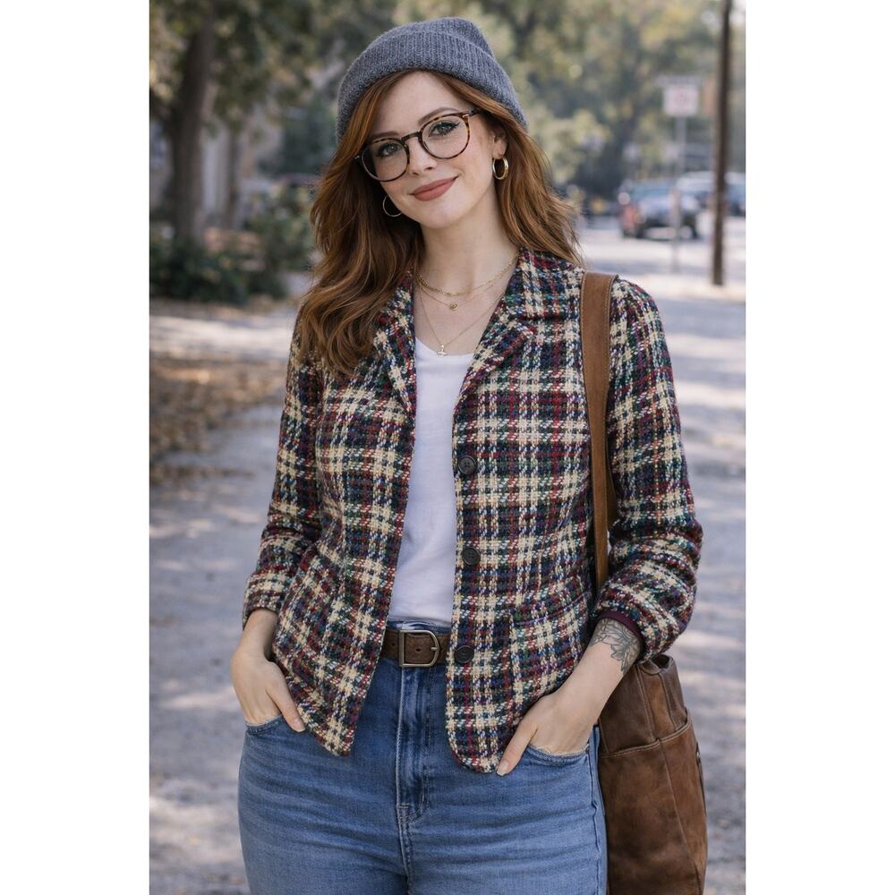 Anne Crimmins For Umi Plaid Blazer Jacket 100% Silk Button Up Size 14